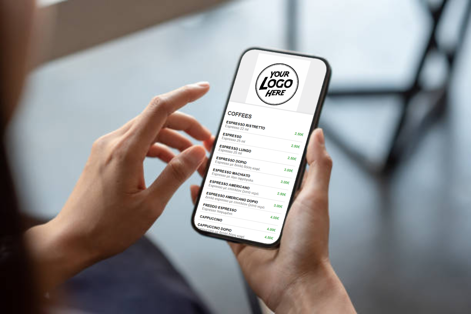 Smartphone displaying a modern digital restaurant menu with clean typography and food categories